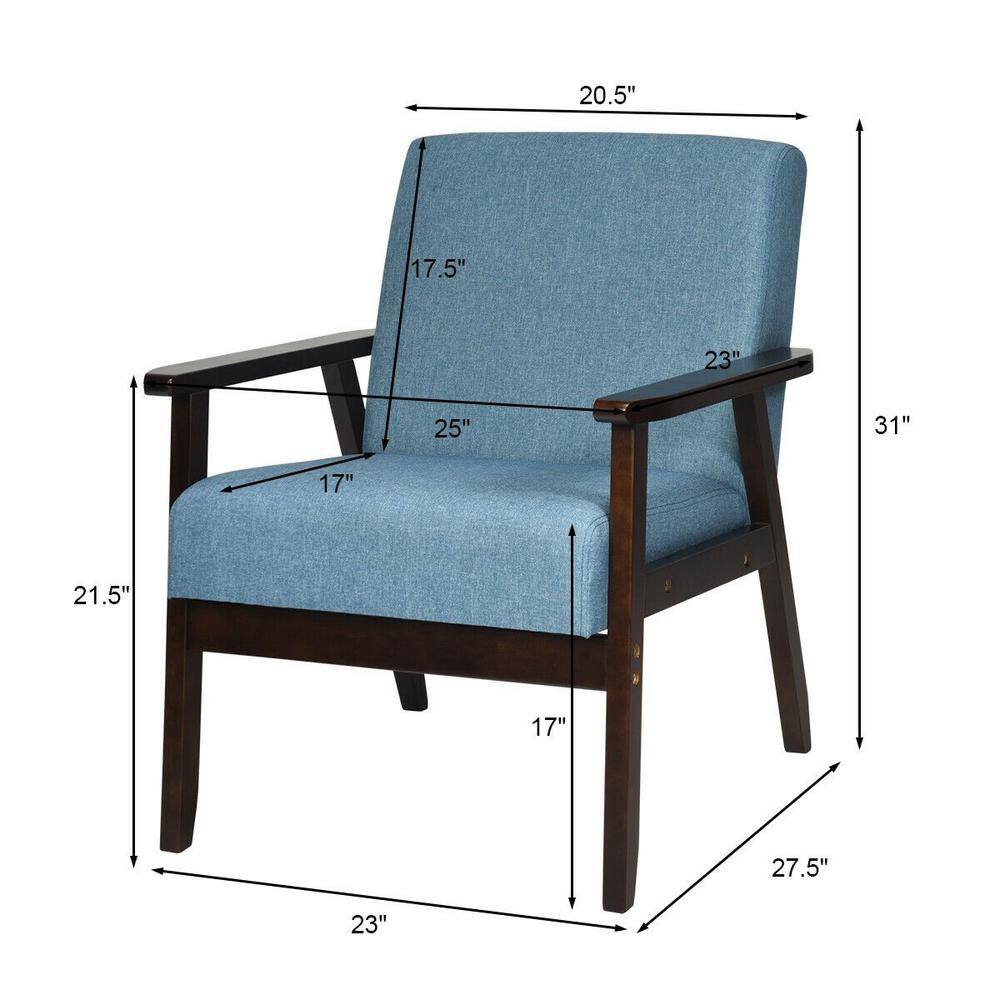 Blue Linen and Rubber Wood Mid-Century Modern Accent Chair
