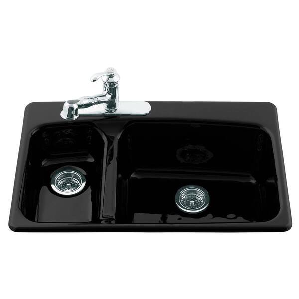 KOHLER Lakefield Self-Rimming Drop-in Cast Iron 20.75 in. 3-Hole Double Kitchen Sink in Black Black-DISCONTINUED
