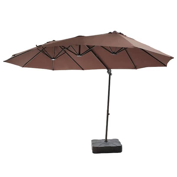 Patio Festival 14.5 ft. x 8.5 ft. Twin Head Tilt Market Umbrella With Base in Brown Color