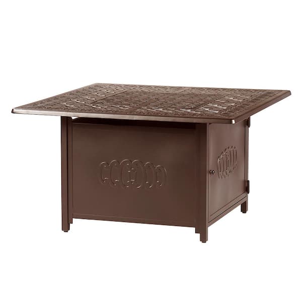 Oakland Living 42 in. x 42 in. Brown Square Aluminum Propane Fire Pit Table with Glass Beads, 2 Covers, Lid, 55,000 BTUs