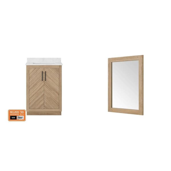 Huckleberry 24 in. Weathered Tan Bath Vanity with White Marble Top and 24 in. W x 32 in. H Mirror Combo