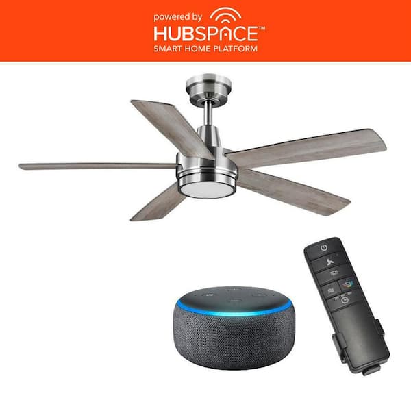 Hampton Bay Fanelee 54 in. White Color Changing Brushed Nickel Smart Hubspace Ceiling Fan with Remote and Amazon Echo Dot Charcoal