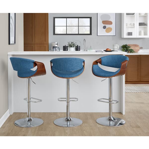 Curvo 33.5 in. Blue Fabric, Chrome Metal, and Walnut Wood Adjustable Barstool (Set of 2)