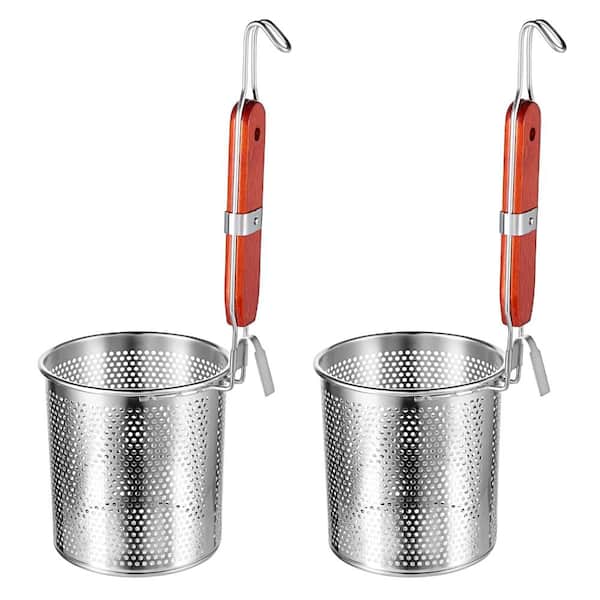 2-Pack Stainless Steel Mesh Pasta Basket 4.7 in Dia x 5.5 in H with Wooden Handle for Noodles and Dumplings