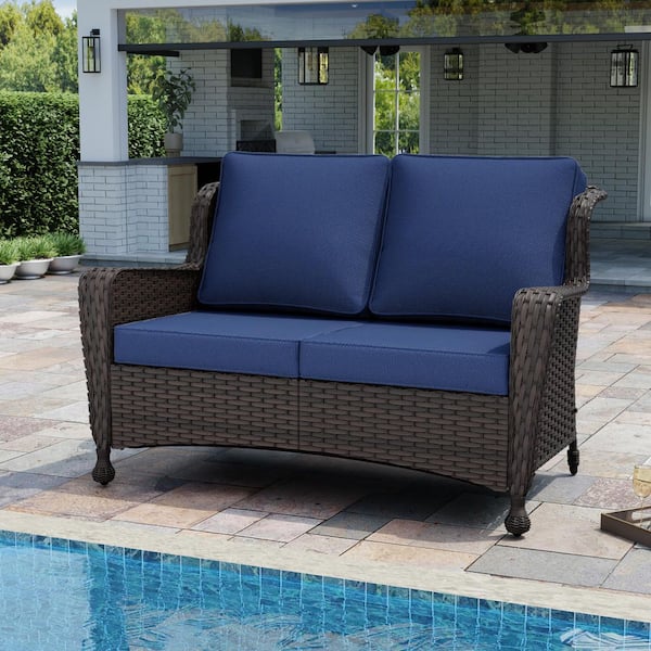 2-Seat Wicker Outdoor Sofa Patio Loveseats Couch Sectional Couch with Soft Dark Blue Cushions