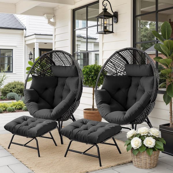 FINCATI 2-Piece Patio Furniture Wicker Outdoor Lounge Egg Chairs with Ottomans and Dark Gray Cushion for Garden