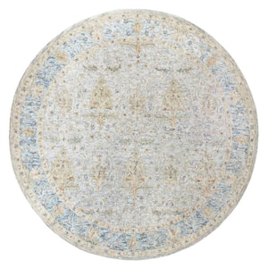 Glenis Blue/Taupe/Cream 8 ft. 6 in. Round Traditional Floral Bordered Wool Hand Tufted Area Rug