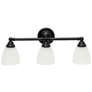 25 in. 3-Light Black Vanity Light Classic Metal Bar and Frosted Cone Shape Glass Shades Decorative Wall Mounted