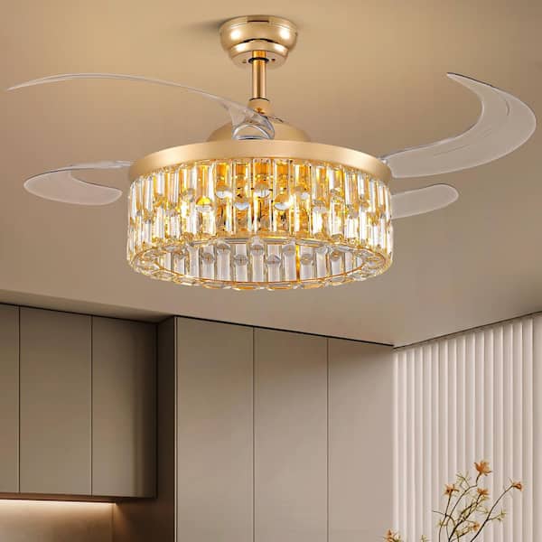 48 in. Indoor Modern Gold Retractable Crystal Ceiling Fan with Light and Remote, Downrod Mount Chandelier Fan