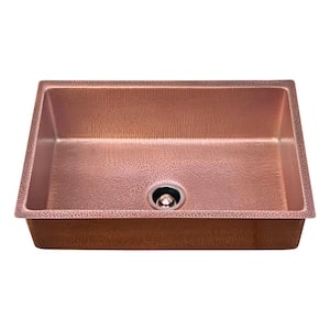 Luxury 30 in. Drop-In or Undermount Single Bowl 12-Gauge Medium Patina Copper Kitchen Sink with Grid and Disposal Flange