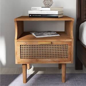 Farmhouse 1-Drawer Rattan Brown Nightstand with Open Shelf, 22 in. H x 18.1 in. L x 15.2 in. W