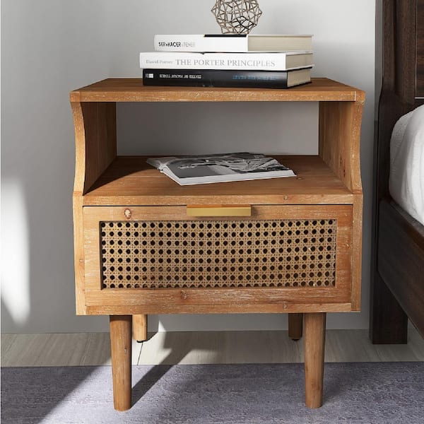 FUIN Farmhouse 1-Drawer Rattan Brown Nightstand with Open Shelf, 22 in. H x 18.1 in. L x 15.2 in. W