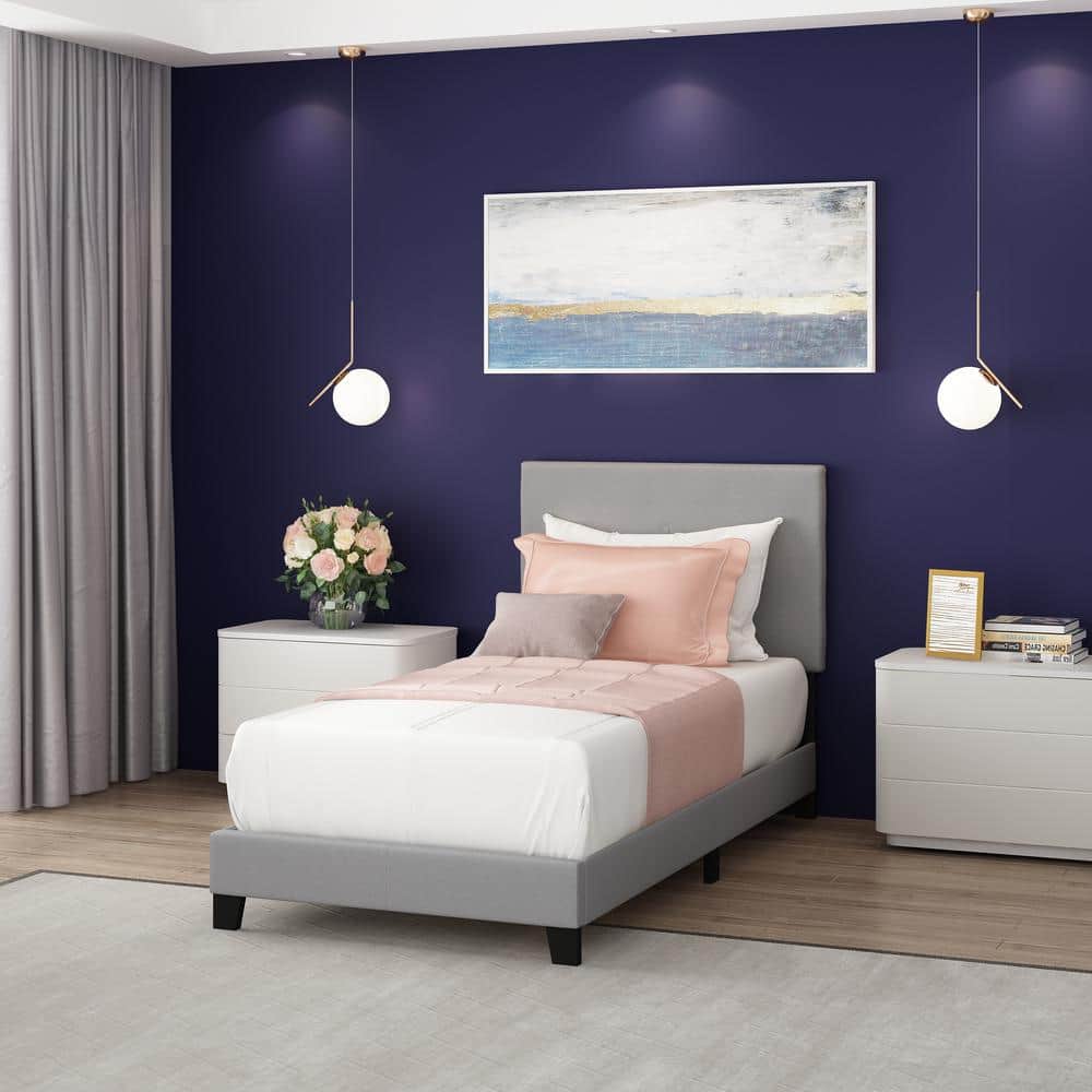 Twin XL Gray Linen Upholstered Platform Bed with Tufted Headboard