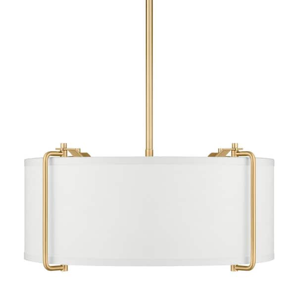 Home Decorators Collection Brookley 4-Light Brushed Gold Pendant with White Fabric Shade