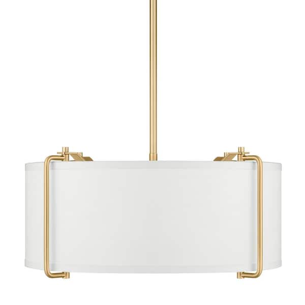 Brookley 4-Light Brushed Gold Pendant Light with White Fabric Shade