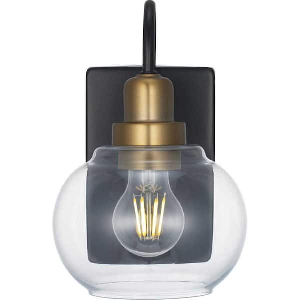 Halyn 4.5 in. 1-Light Industrial Black Indoor Wall Sconce with Vintage Brass Accents and Clear Glass Shade