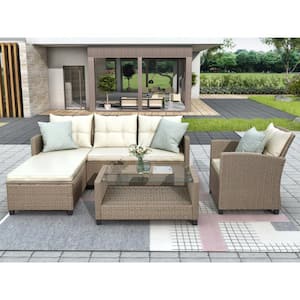 4-Piece Wicker Patio Conversation Sectional Seating Set with Glass Top Coffee Table, Beige Cushions and Pillows