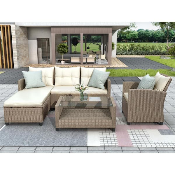 Unbranded 4-Piece Wicker Patio Conversation Sectional Seating Set with Glass Top Coffee Table, Beige Cushions and Pillows