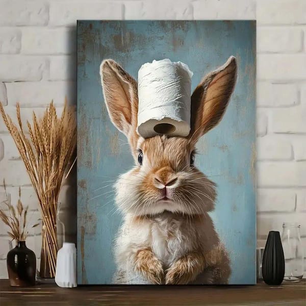 1pc Canvas Print-Whimsical Bunny with Toilet Paper Hat, Blue Aged