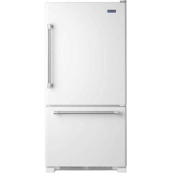 Maytag 33 in. W 22.1 cu. ft. Bottom Freezer Refrigerator in White with Stainless Steel Handles