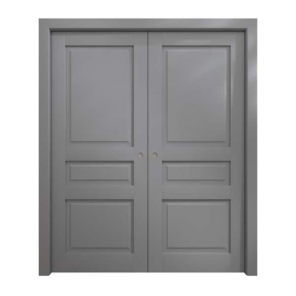 84 in. x 96 in. Painted Grey Oak Solid Wood Double Pocket Doors With Hardware