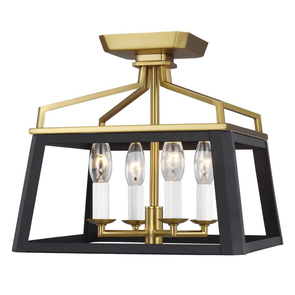 Carlow 12" Midnight Black and Brass 4-Light Semi Flush Mount