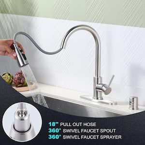 Single Handle Pull Down Sprayer Kitchen Faucet Stainless Steel with Deck Plate and Air Gap Kit in Brushed Nickel