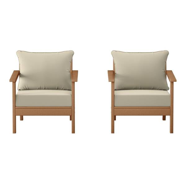 Birchwood Teak Outdoor Patio (Set of 2) Deep Seating HDPE Lounge Chairs w/ Beige Cushions