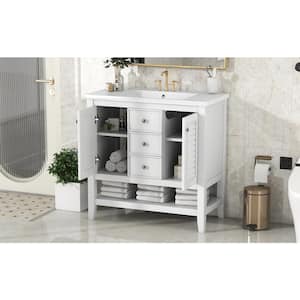 35.98 in. W x 18.03 in. D x 34.38 in. H Single Sink Freestanding Bath Vanity in White with White Ceramic Top