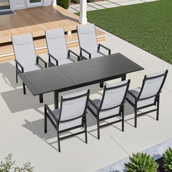 7-Piece Rectangle Aluminum Outdoor Dining Set with Extendable Patio Dining Table and Adjustable Back Light Gray Chairs