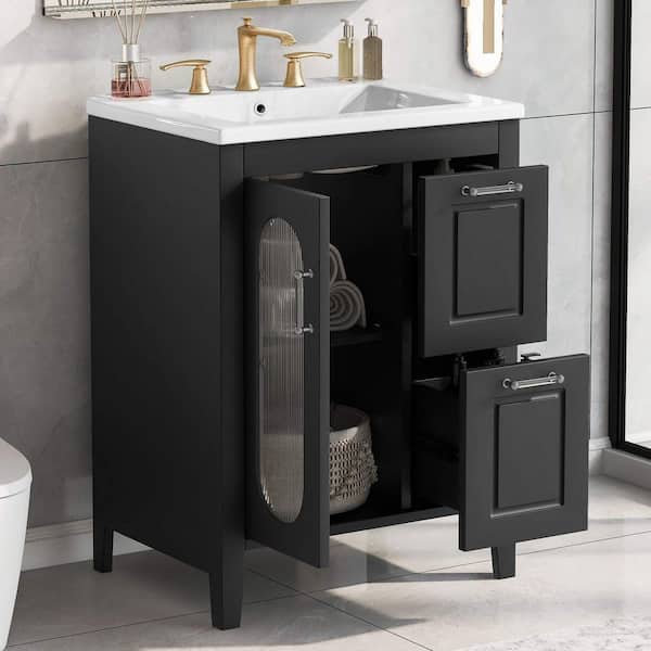 24 in. Freestanding Black Bath Vanity with White Ceramic Top, 2-Drawers, Door and Adjustable Shelf