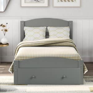 Twin Size Pine wood Platform Bed Frame with Storage Drawer and Slat Support, Gray