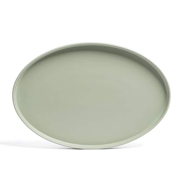 Stackable 16 in. Semi-Matte Sage Green Hand-Finished Stoneware Oval Serving Platter