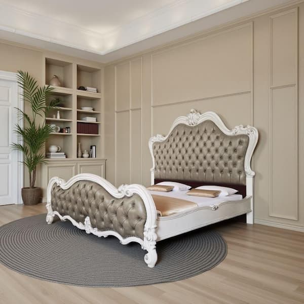 Sicily Gray and Bone White Wood Frame Queen Size Panel Bed with Tufted