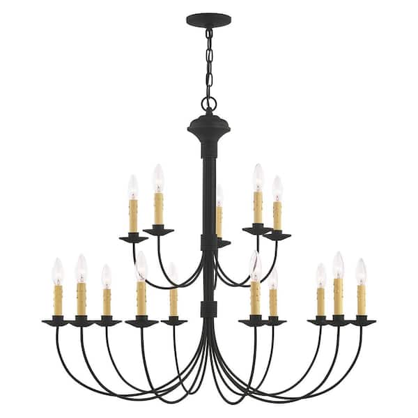 Archwood 15-Light Black 2-Tier Foyer Chandelier with Drip Candle Cover