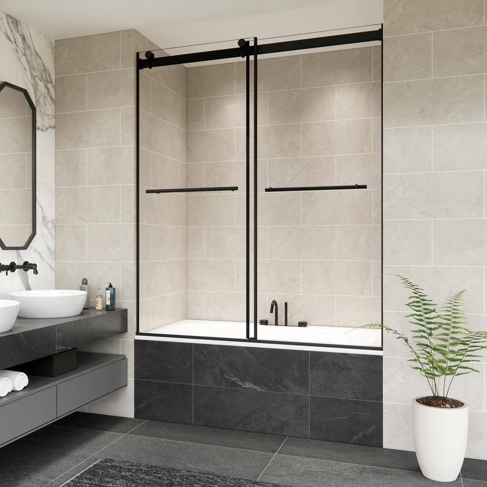 Belizzi 60" Matte Black Frameless Tub Door with Clear Glass