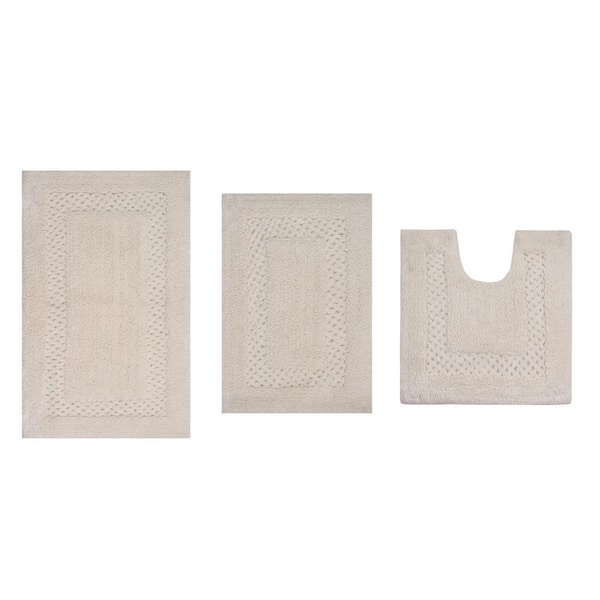 Classy 100% Cotton Bath Rugs Set, Machine Wash, 3-Pcs Set with Contour, Ivory