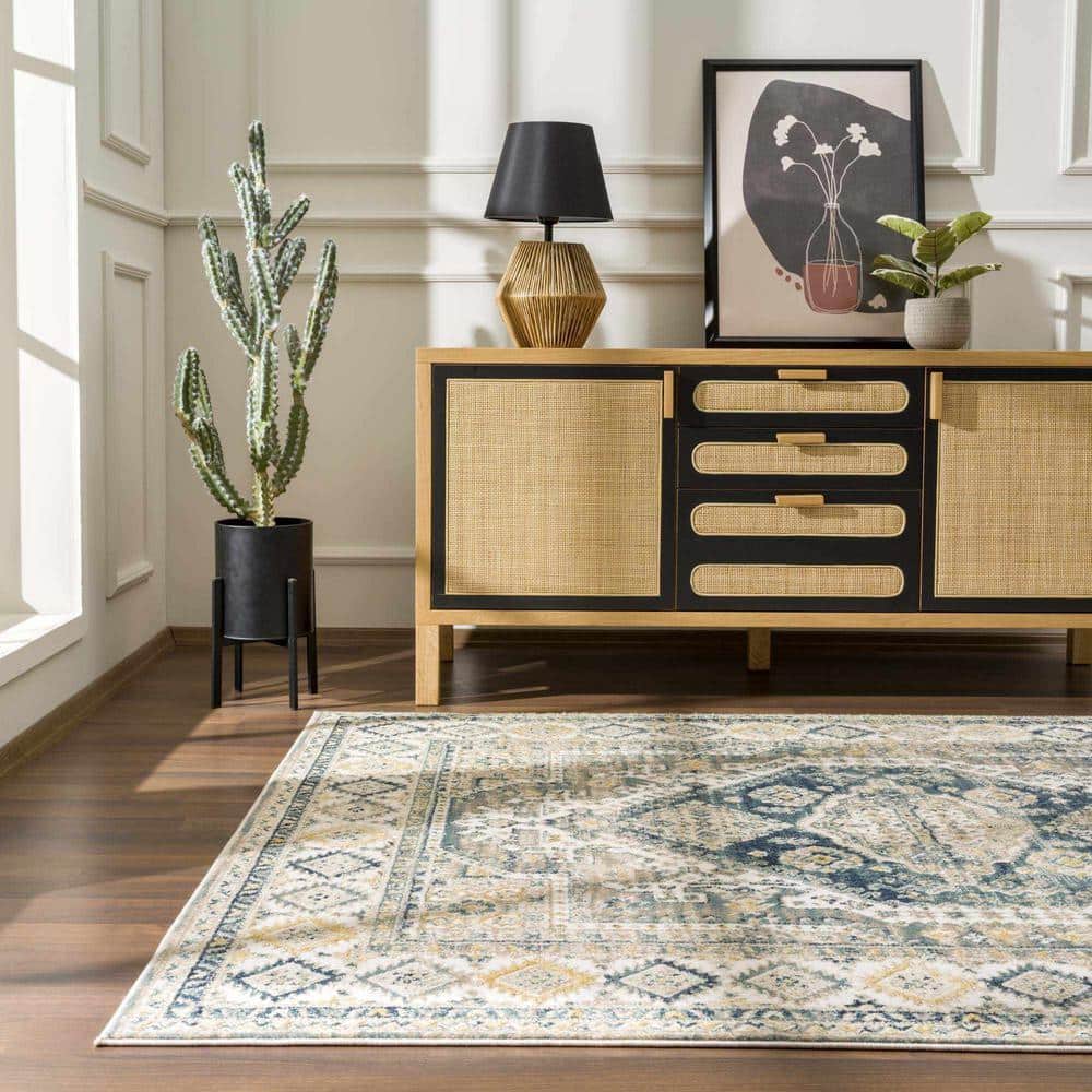 Brend Blue and Beige Medallion Polypropylene Area Rug
