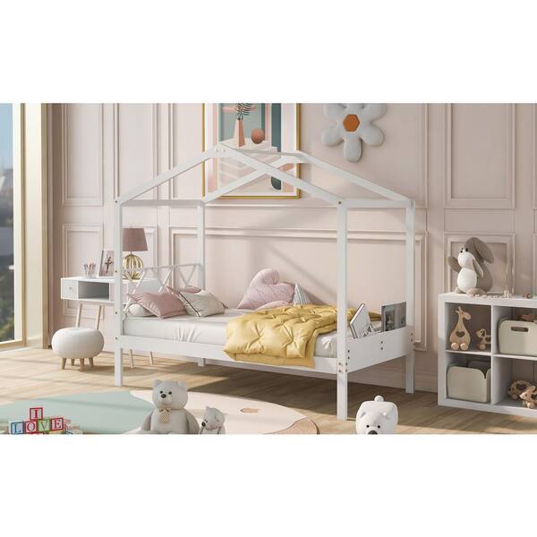 ANBAZAR White Twin Size Kids House Bed Platform Bed with Roof and Safety  Rail, Wood Kids Canopy Bed Frame with Fence 01910ANNA-K - The Home Depot