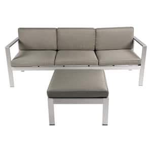 2-piece set of all- Aluminum Outdoor 3-person Couch sofa bed plus footstool suitable for backyard with Cushion gray