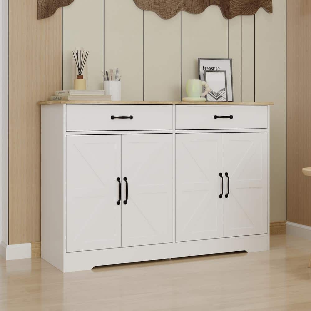 White Wood 48 in. Kitchen Island with Drawers, Farmhouse Buffet Cabinet Sto