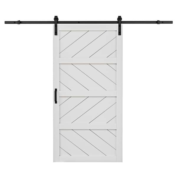 EH PUERTA 42 in. x 84 in. White 4 Lite Wave Pattern Finished MDF Sliding Barn Door with Hardware Kit and Soft Close