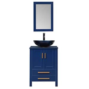 24 in. W x 19 in. D x 38 in. H Single Sink Bath Vanity in Blue with Blue Solid Surface Top and Mirror