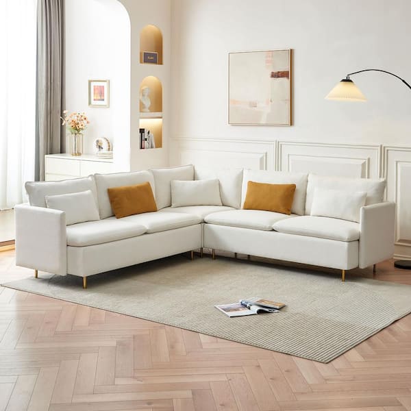 DESwan 92 in. 3-piece Teddy Fabric Upholstered L-shaped Corner Sectional Sofa in. Beige with Pillows Metal Legs