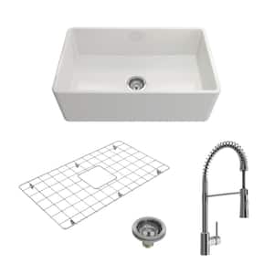 Classico White Fireclay 30 in. Single Bowl Farmhouse Apron Front Kitchen Sink with Faucet