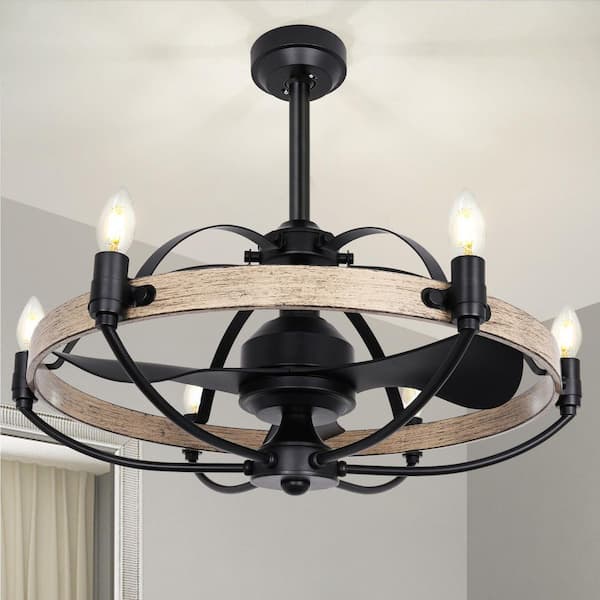27 in. Indoor Light Wood Smart Ceiling Fan with E12 Lights with Remote, Downrod Mount Farmhouse Chandelier, Fandelier