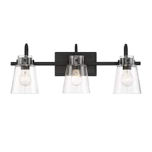 Inwood 24 in. 3-Light Matte Black Modern Industrial Vanity with Clear Glass Shades