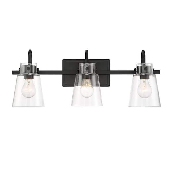 Designers Fountain Inwood 24 in. 3-Light Matte Black Modern Industrial Vanity with Clear Glass Shades