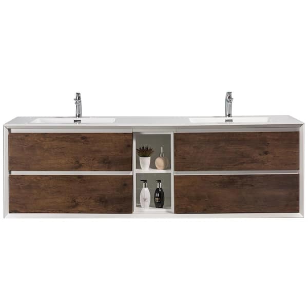 Vienna 75 in. Double Sink Floating Rosewood Bath Vanity with White Acrylic Top (Assembled)