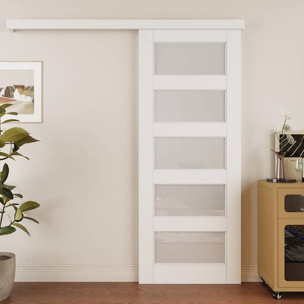 32 in. x 80 in. Hidden Track Style 5 Lite Frosted Glass White Primed MDF Sliding Barn Door with Hardware Kit